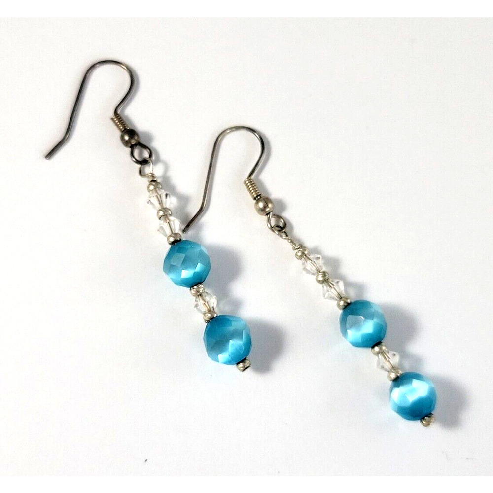 Blue Faceted Cateye Swarovski Bead and Crystal Dangle Earrings